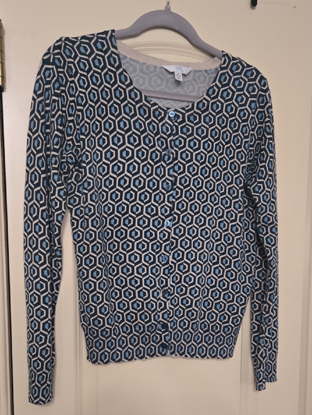 Time and Tru Blue and Cream Hexagon Cardigan